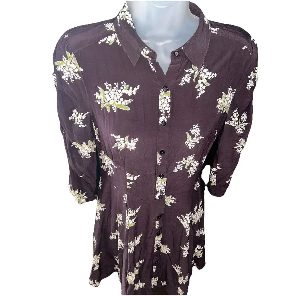 Free People Lovely Mini Dress Size XS Plum Brown Floral Button Down Collar Boho - Picture 5 of 9